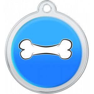 Médaille Chien Design Os Bleu Médaille chien ronde bleue 30×33 mm, acier inox avec os blanc, trou supérieur pour attache facile au collier.