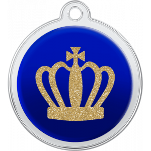 Hondenpenning Koningskroon Design Blauw Blauwe ronde hondenpenning van roestvrij staal, 30 x 33 mm, met glinsterende gouden kroon en opening voor halsband.