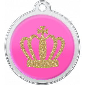 Hondenpenning Koningskroon Design Roze Roze ronde roestvrijstalen hondenpenning van 30 x 33 mm met gouden glinsterkroon en gat voor veilige halsbandbevestiging.