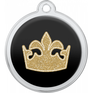 Hondenpenning Koninginnenkroon Design Zwart Zwarte ronde roestvrijstalen hondenpenning van 30 x 33 mm met glinsterende gouden kroon voor koningin en bovengat.