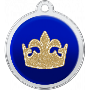 Hondenpenning Koninginnenkroon Design Blauw Blauwe ronde hondenpenning van roestvrij staal, 30 x 33 mm, met gouden glitter kroon voor koningin en bovengat.