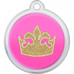 Médaille Chien Design Couronne de Reine Rose Médaille chien ronde rose 30×33 mm, motif couronne dorée pailletée de reine, trou supérieur pour attache au collier.