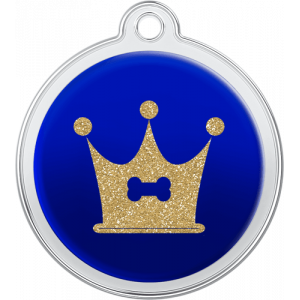Médaille Chien Design Couronne Os Bleu Médaille chien ronde bleue 30×33 mm, motif os et couronne dorée à paillettes, trou supérieur pour fixation au collier.
