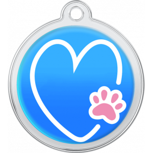Hondenpenning Hart-Pootje Design Blauw Blauwe ronde roestvrijstalen hondenpenning van 30 x 33 mm met wit hart en roze pootje, met opening voor halsband.