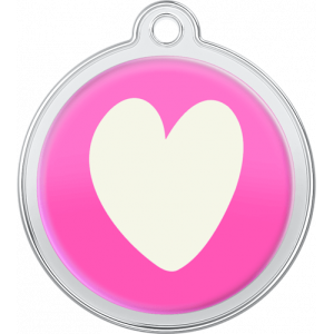 Médaille Chien Design Coeur Blanc Médaille chien ronde rose 30×33 mm, acier inox avec grand cœur blanc, trou supérieur pour attache au collier.