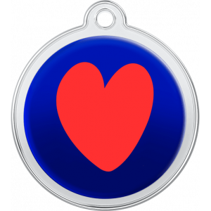 Médaille Chien Design Coeur Rouge Médaille chien ronde bleue 30×33 mm, grand cœur rouge, acier inox et trou supérieur pour fixation au collier.