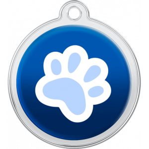 Médaille Chien Design Coeur Bleu Médaille chien ronde bleue 30×33 mm, patte blanche et bleu clair, trou supérieur pour attache facile au collier.