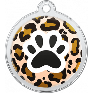 Médaille Chien Design Sauvage Guépard Médaille chien ronde 30×33 mm, motif léopard avec patte noire, trou supérieur pour attache facile au collier.