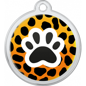Hondenpenning Wild Patroon Luipaard Oranje ronde hondenpenning van roestvrij staal, 30 x 33 mm, met luipaardmotief en zwarte pootafdruk, met bovengat.