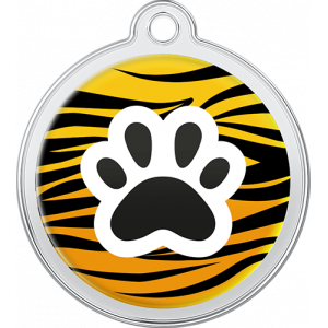 Médaille Chien Design Sauvage Tigre Médaille chien ronde 30×33 mm, motif tigre original avec patte noire, trou supérieur pour attache au collier.