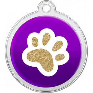 Hondenpenning Poot Ontwerp Purper Paarse ronde roestvrijstalen hondenpenning van 30 x 33 mm met gouden glitterpoot en bovengat voor bevestiging.