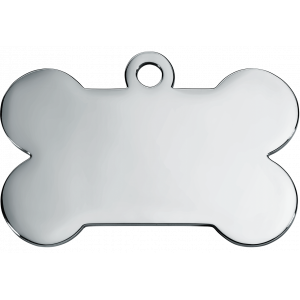 Médaille Chien Os Argent Médaille chien argentée en forme d’os, acier inox miroir brillant, gravure personnalisée recto verso lisible et durable.