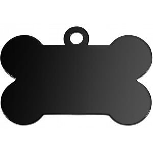 Médaille chien noire chic en forme d’os, finition miroir, gravure laser profonde recto verso pour une identification claire.