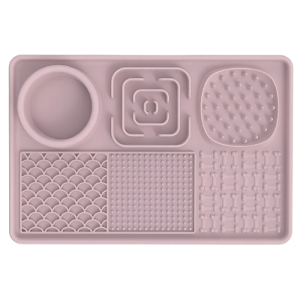 Tapis de Léchage Multifonction 4-en-1 pour Chien - avec Gamelle Anti-Glouton et Zones de Léchage Tapis léchage rose 4-en-1 en silicone avec bol et textures variées, réduit l’ennui et aide la digestion, médaille chien.