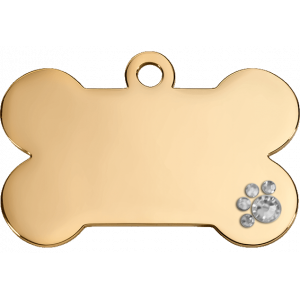 Médaille Chien Os Or Luxe Médaille chien luxe dorée en forme d’os, acier inoxydable avec patte cristal, gravure personnalisée recto verso.