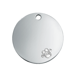 Hondenpenning Zilver Rond Luxe Zilveren ronde luxe hondenpenning met kristallen pootje, roestvrij staal, gegraveerd met naam en contactgegevens.