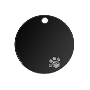 Médaille chien ronde noire luxe, acier inox et détail patte en cristal, gravée recto verso avec nom et téléphone.