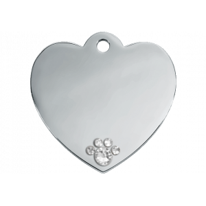 Médaille Chien Cœur Argent Luxe Médaille chien luxe en cœur argentée, acier inox avec patte cristal, gravée nom, adresse et numéro de téléphone.