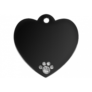 Médaille Chien Cœur Noir Luxe Médaille chien noire luxe en forme de cœur, acier inox brillant avec patte cristal, gravée des deux côtés.